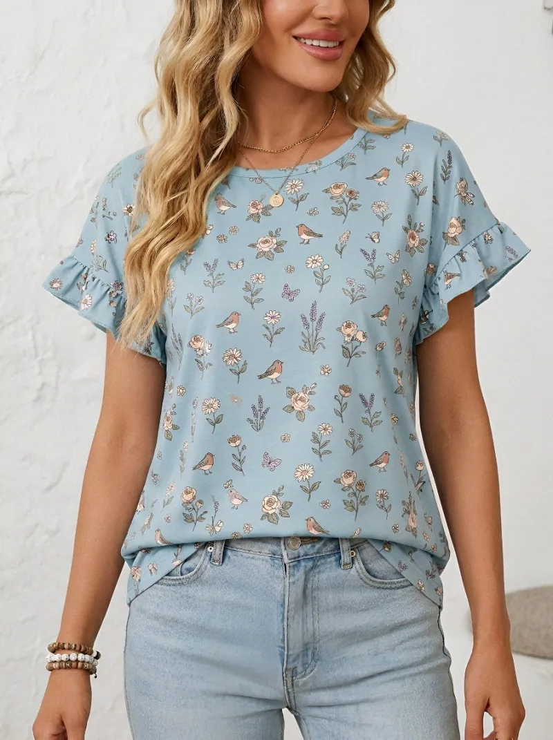 Bird Floral Ruffle-Sleeve Women's Loose Printed Blouse