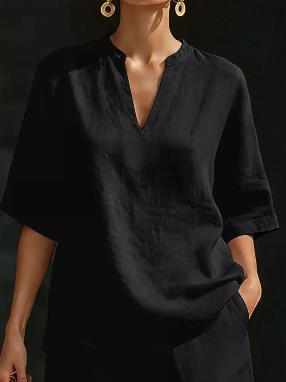 Notched Half Sleeve Top Shorts Set Plus