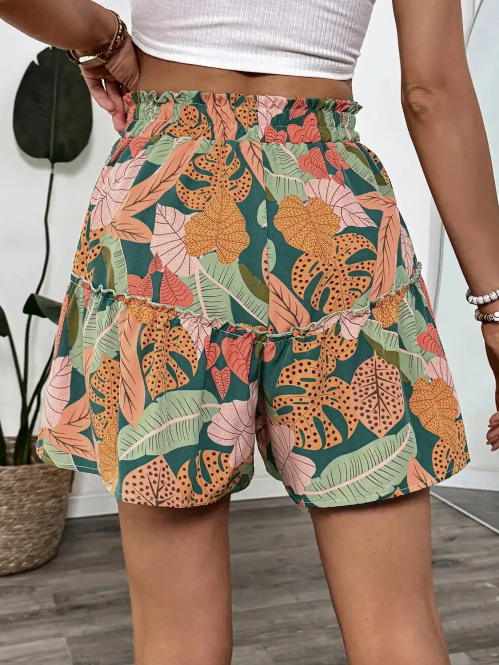 Tropical Print High-Waist Shorts