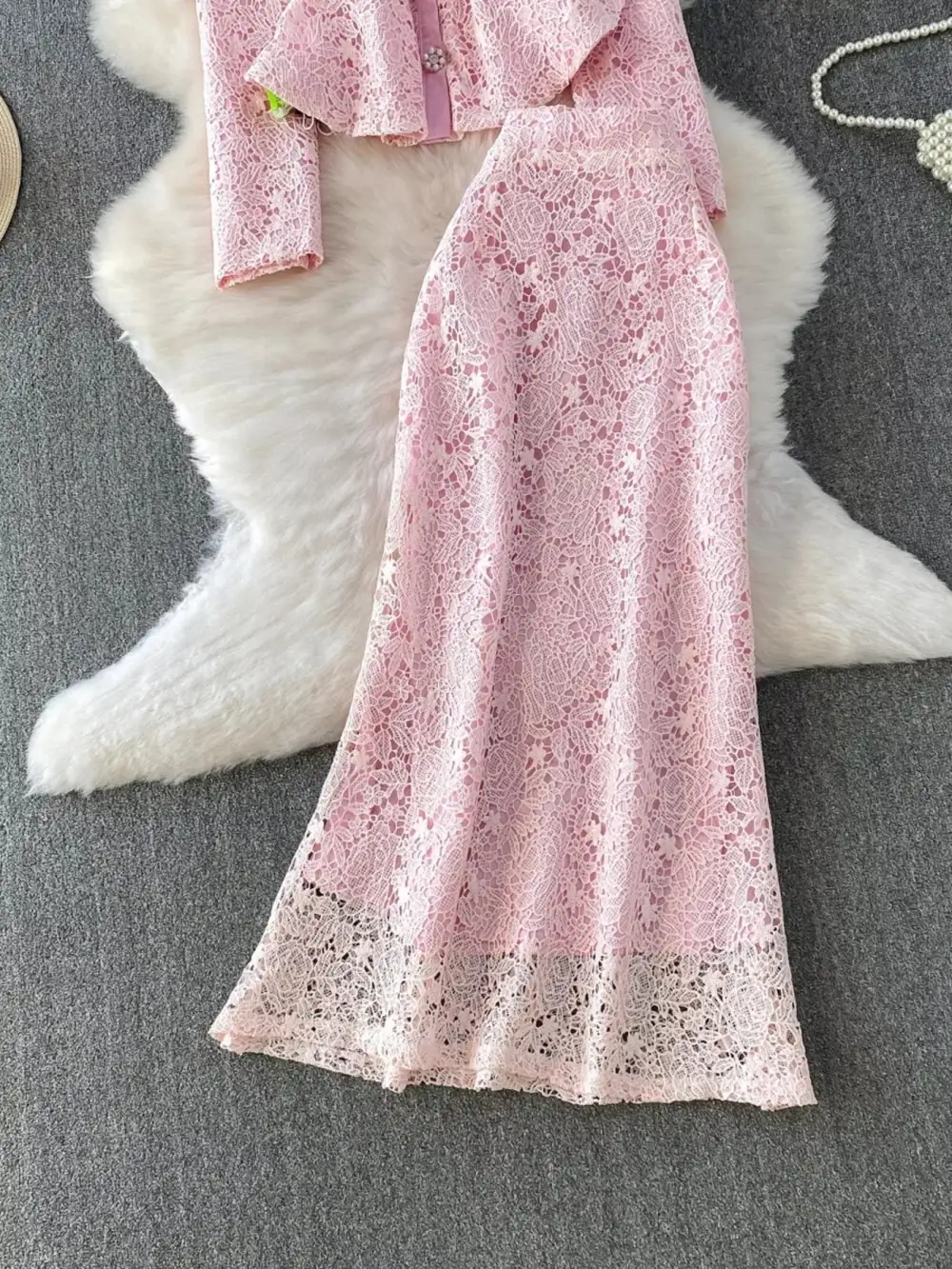 Graceful Lace Button Up Top And Skirt Set