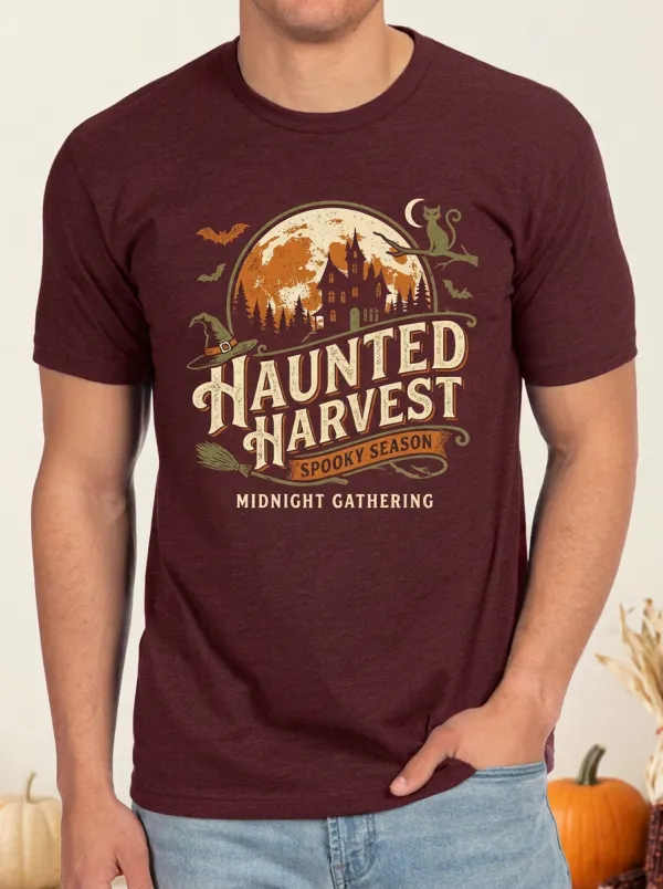 Men's Halloween Haunted Harvest Moon Cat Printed T-shirt