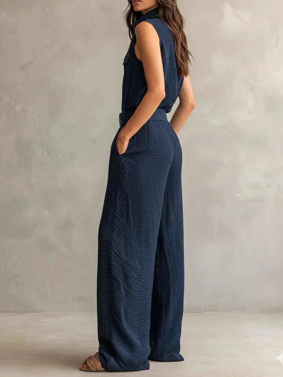 Boho Midnight Slate Texture Belted Utility Jumpsuit