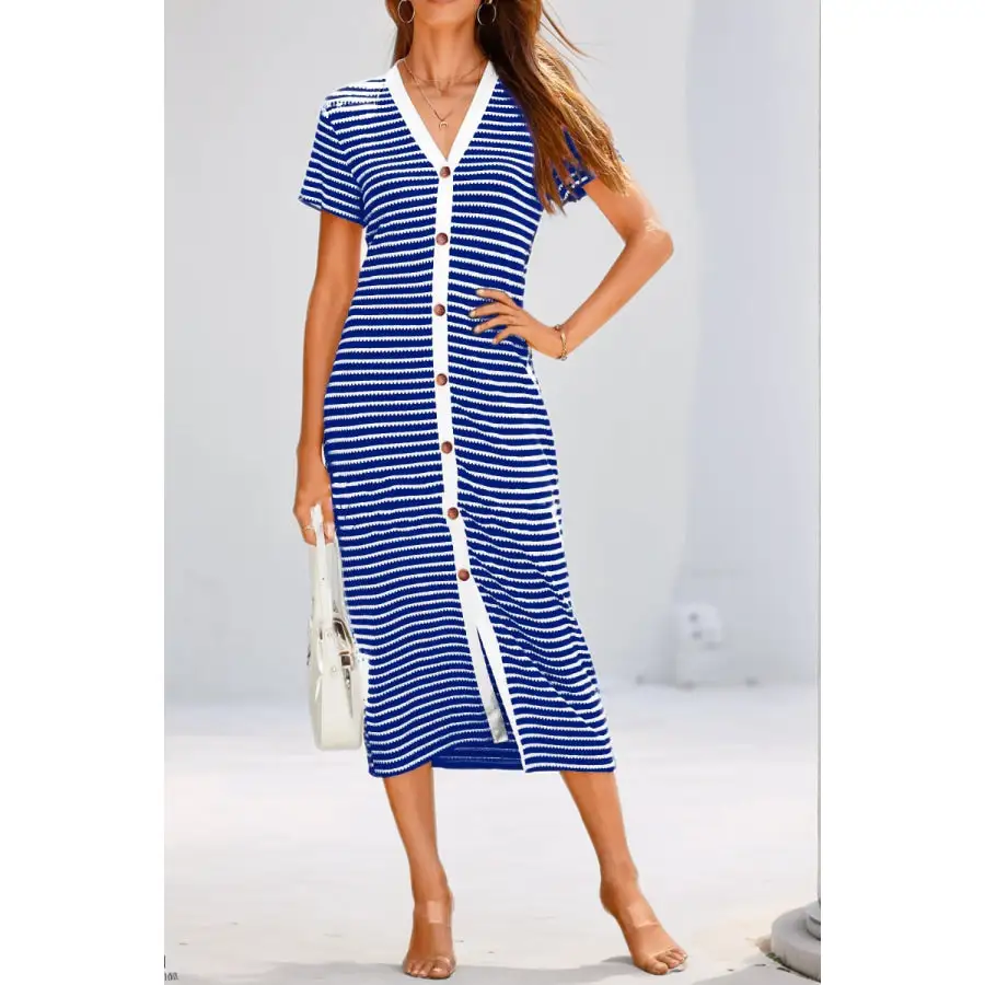 Contrast V-Neck Short Sleeve Midi Dress