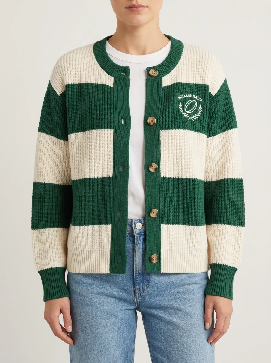 Rugby Weekend Match Embroidered Striped Cardigan