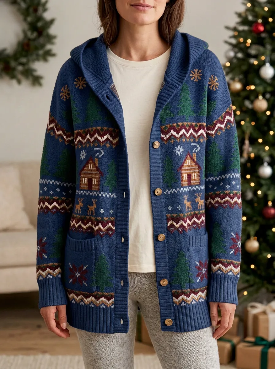 Christmas Cabin Tree Reindeer Pattern Knit Hooded Cardigan