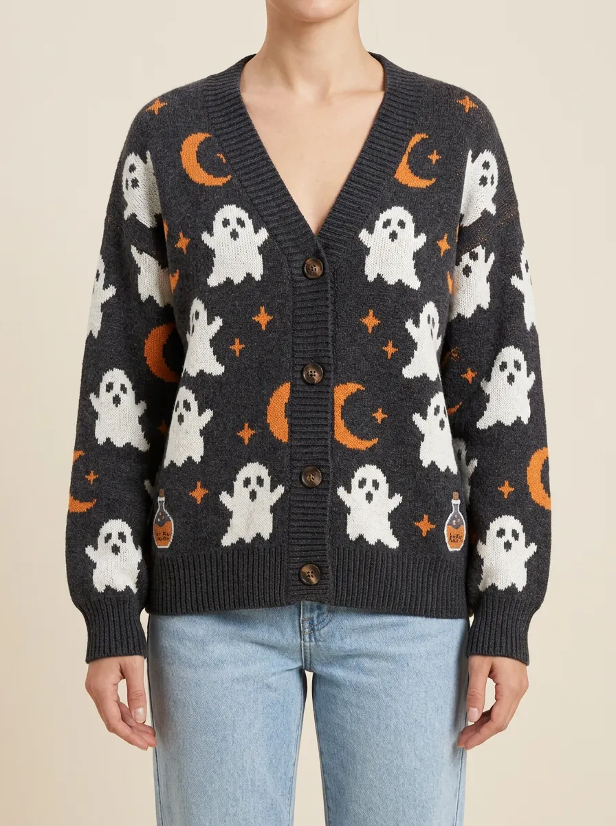 Women's Halloween Ghost Moon Potion Pattern Knitted Cardigan