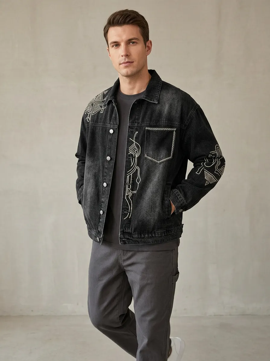 Men's Rugged Tribal Geometric Denim Jacket