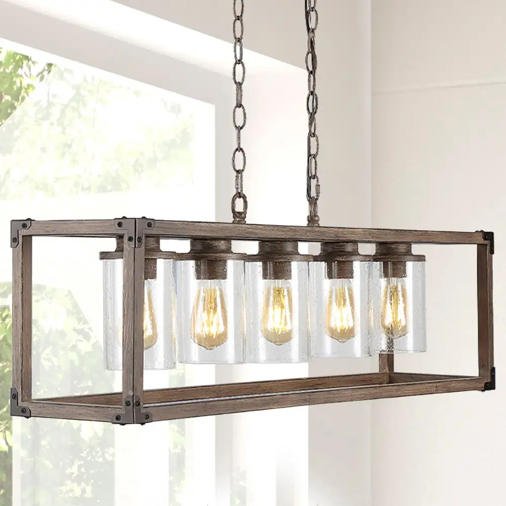 Five-Light Linear Adjustable Iron Seeded Glass Rustic Farmhouse LED Pendant