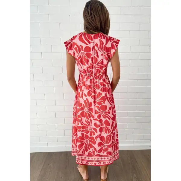 Ruffled V-Neck Midi Dress with Button Front