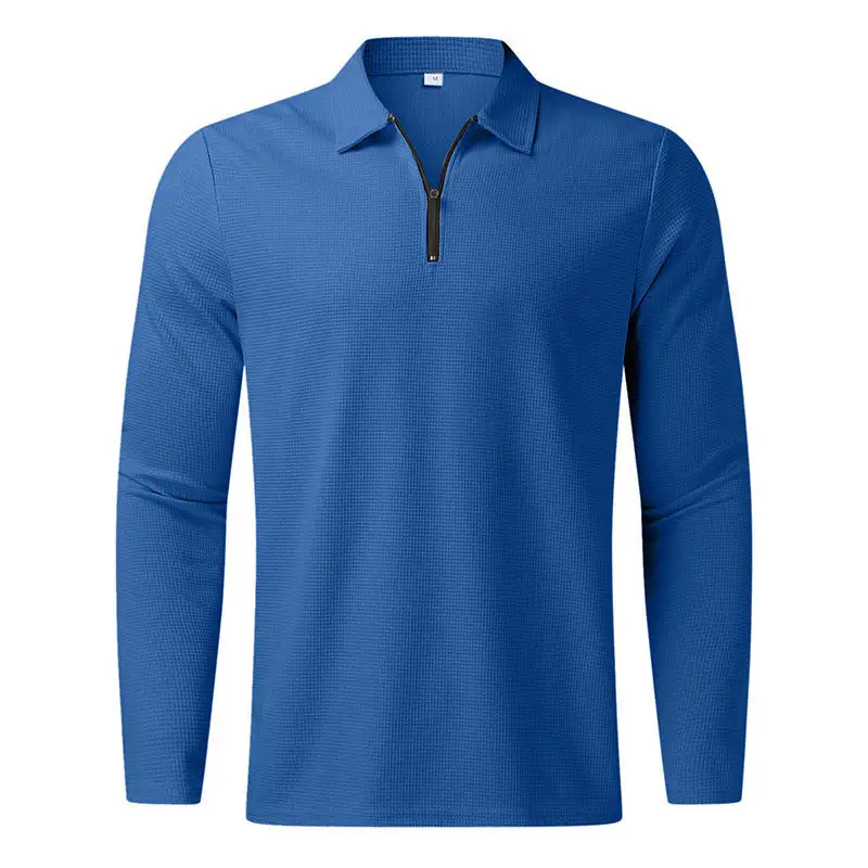 Waffle Texture Spread Collar Long Sleeve Polo Shirt