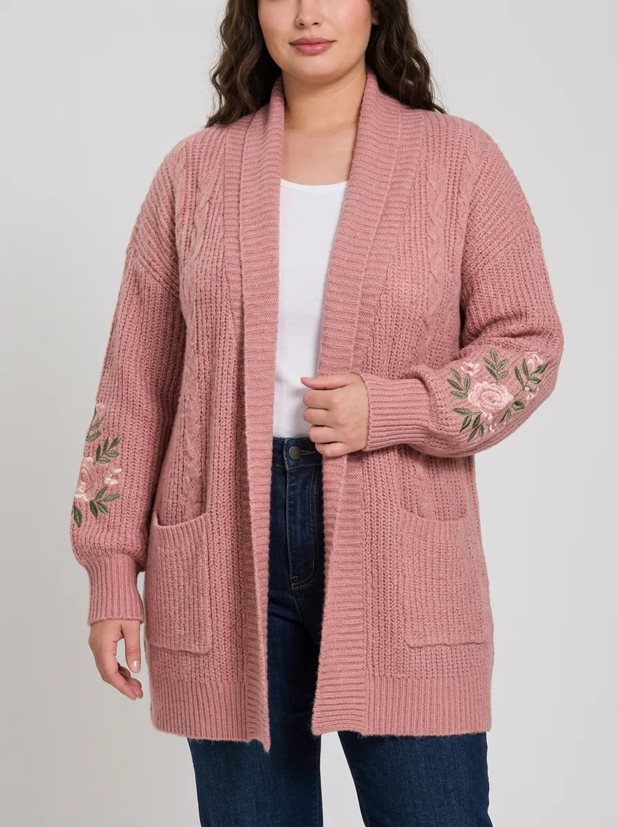Women's Dusty Rose Embroidered Cable Knit Cardigan