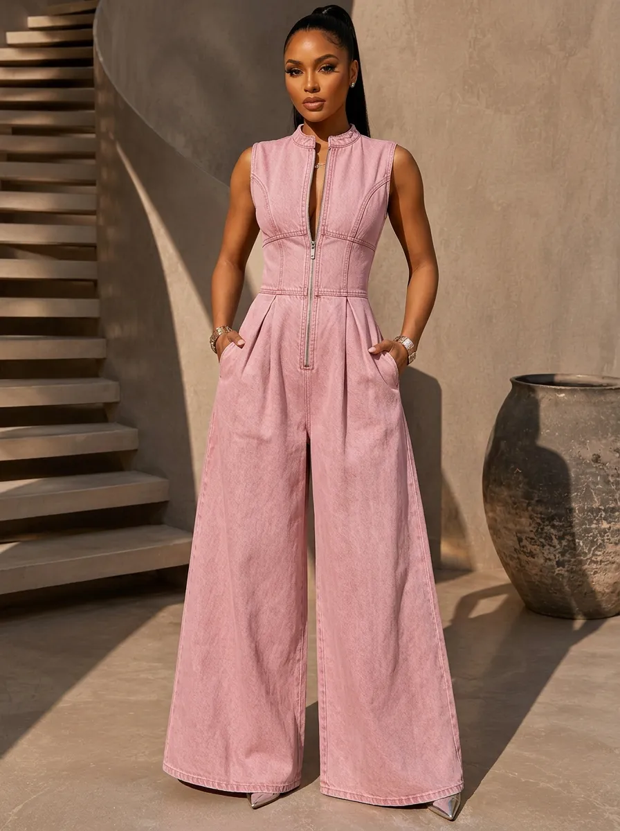 Pink Casual Sleeveless Zip-Front Wide-Leg Denim Jumpsuit