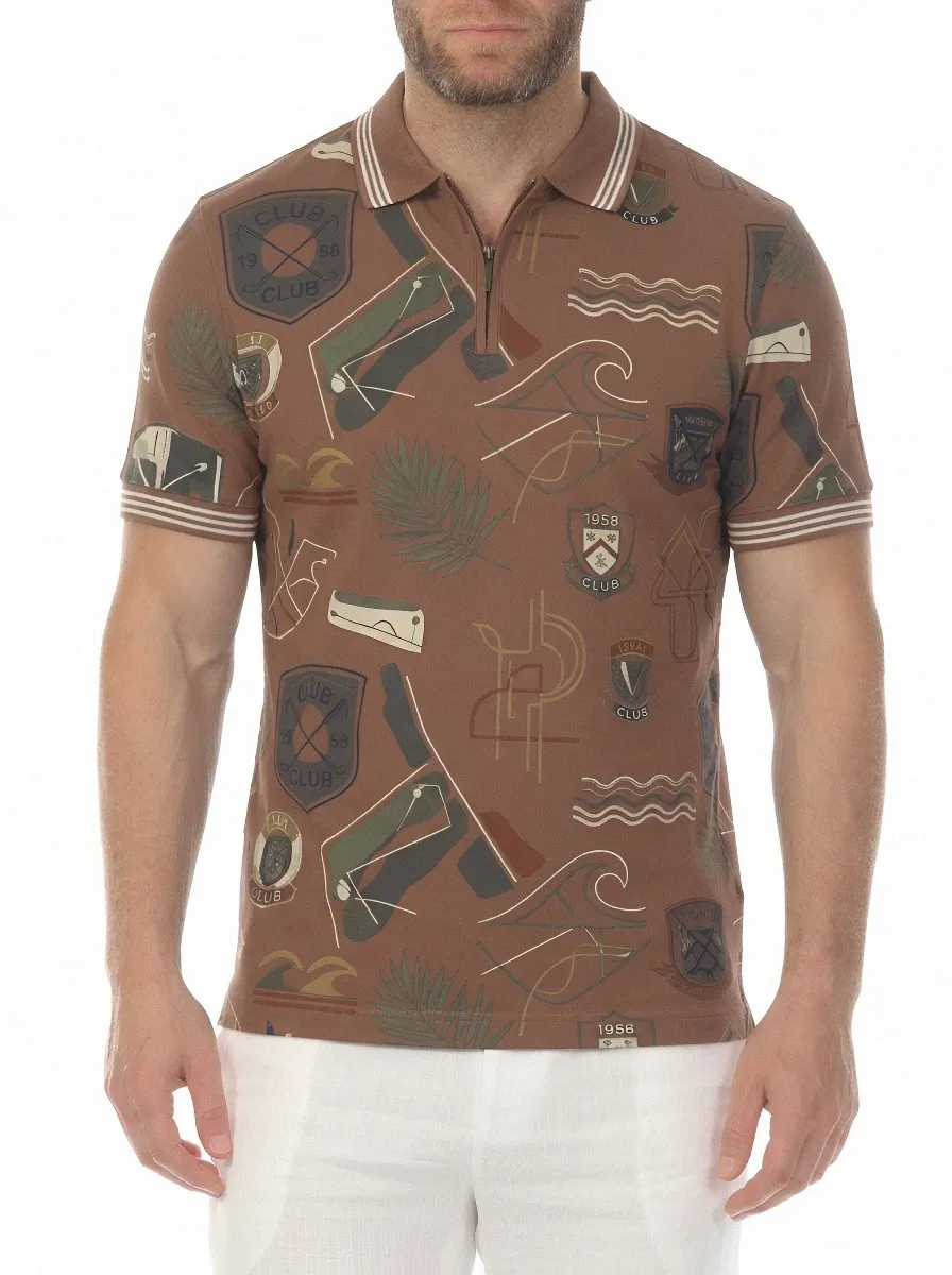Men's Golf Club Tropical Palm Printed Zip Polo Shirt