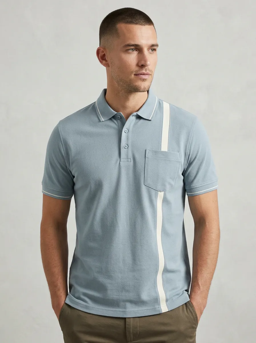 Men's Knit Ribbed Textured Vertical-Stripe Pocket Running Graphic Polo Shirt