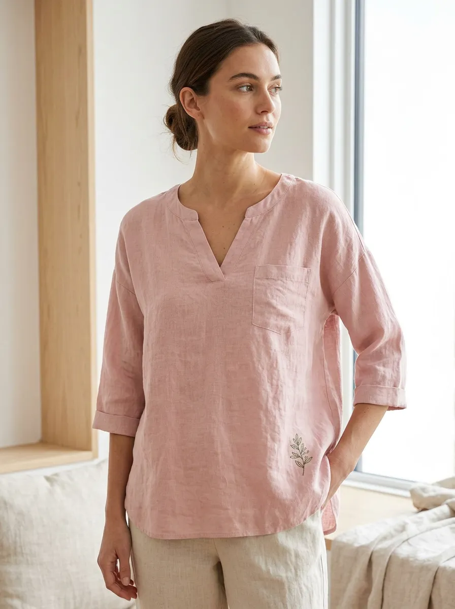 Women's Casual Botanical Leaf Printed Pink V-Neck Top