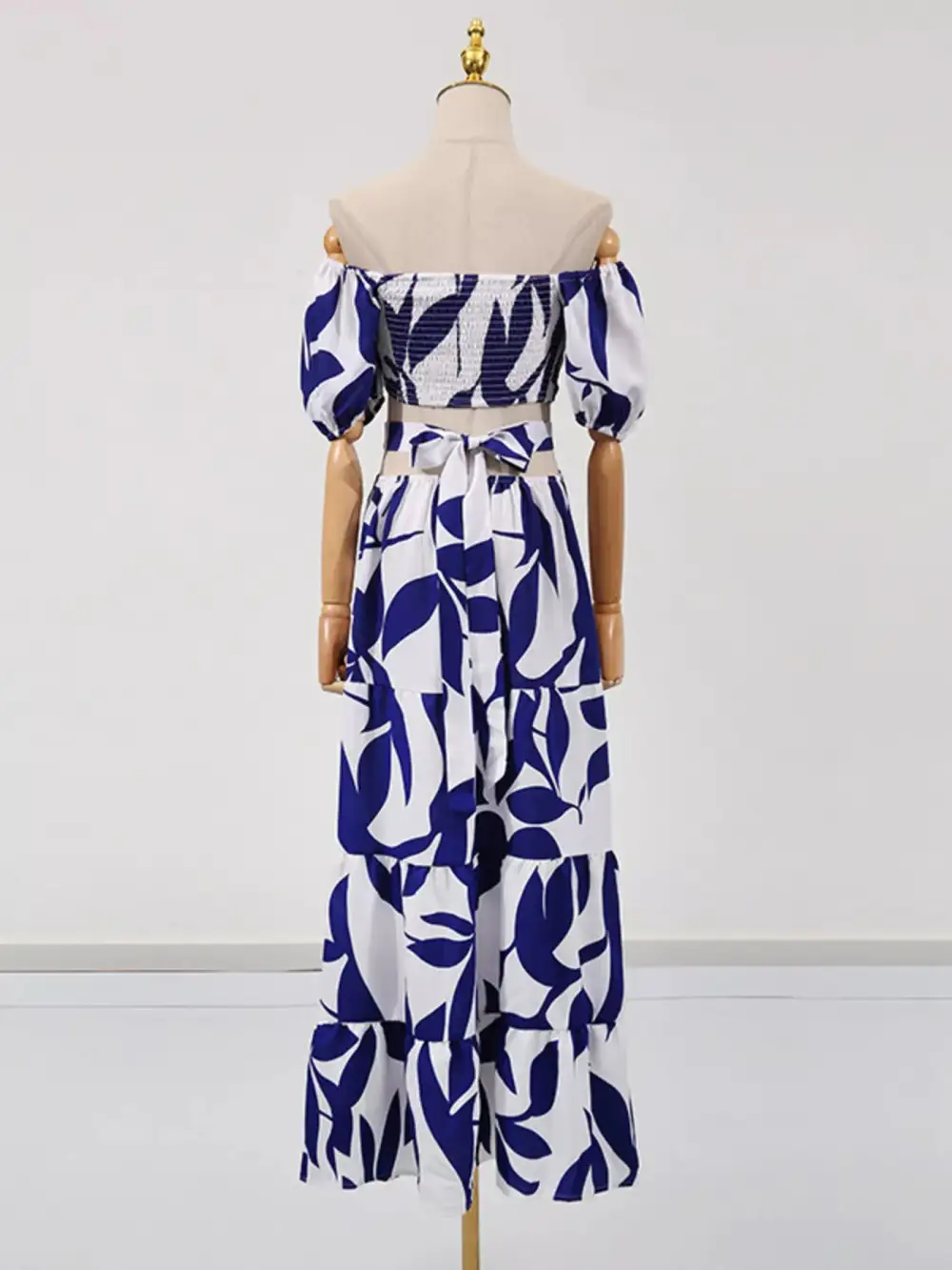 Off Shoulder Cutout Leaf Print Maxi Dress