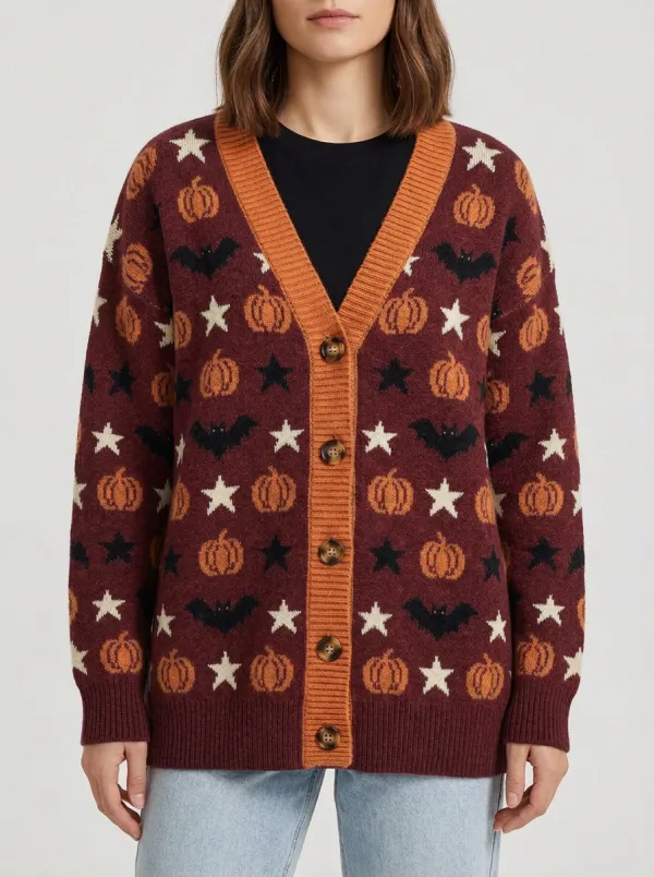 Women's Halloween Pumpkin Bat Star Pattern Knitted Cardigan