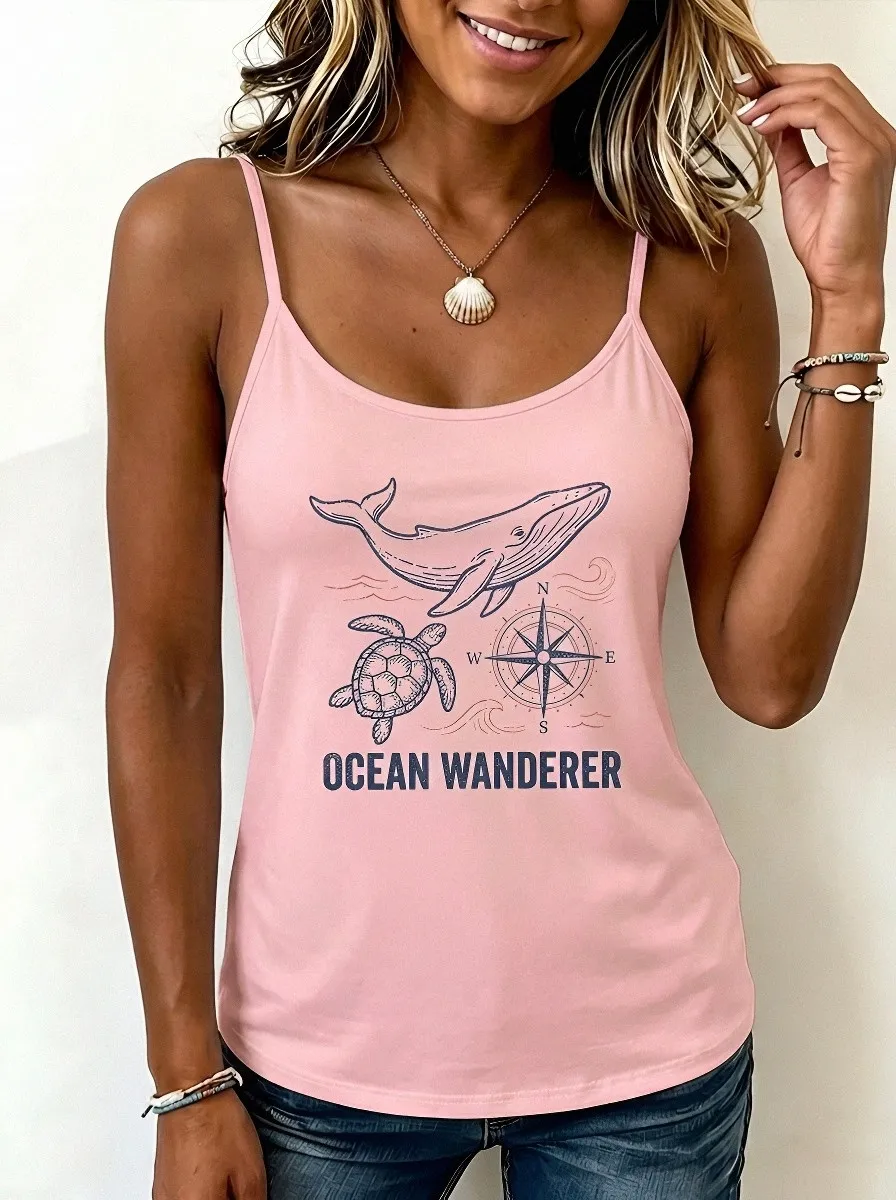 Women's Ocean Wanderer Whale Turtle Compass Printed Tank Top