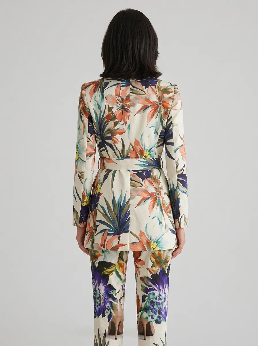 Women's Tropical Floral Botanical Printed Belted Blazer Top