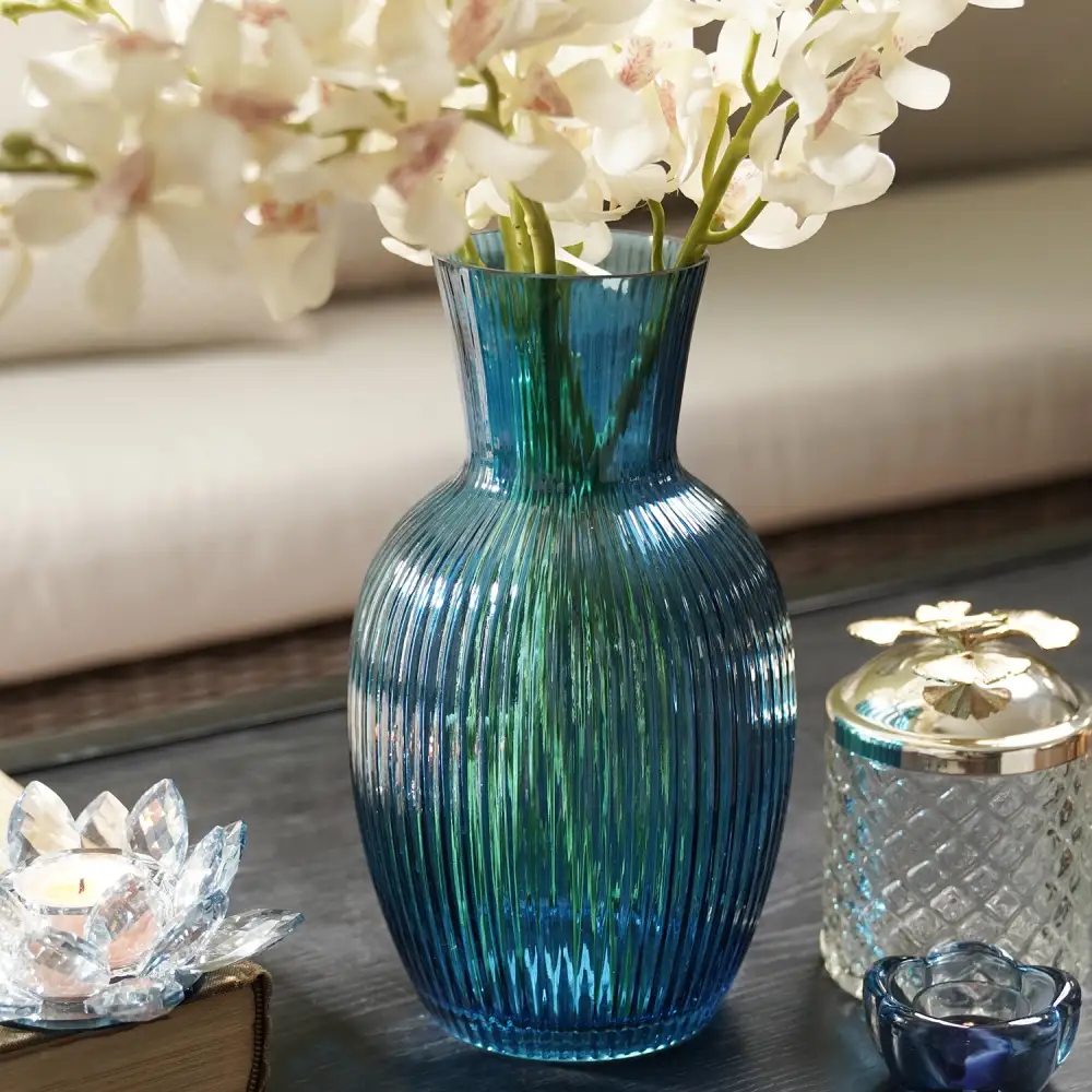 Blue Ribbed Glass Vessel