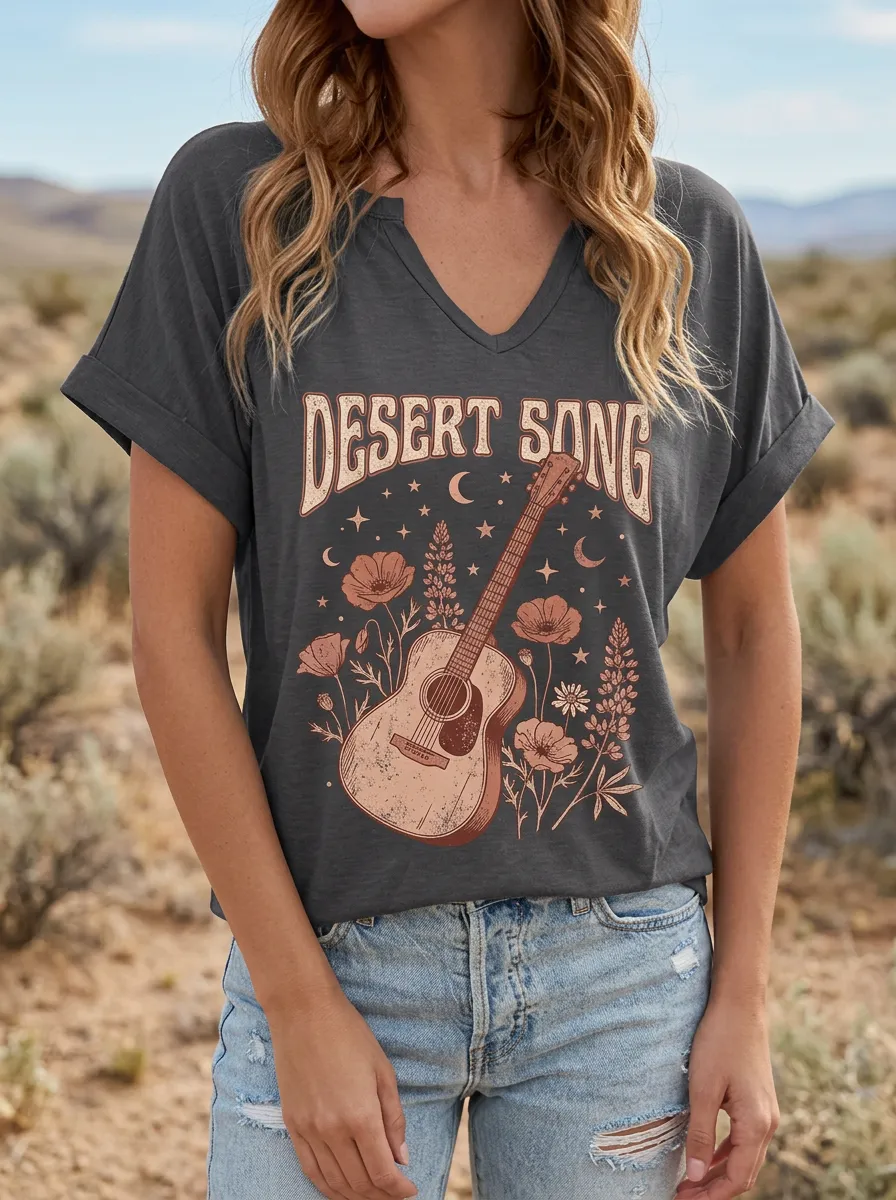 Women's Western Charcoal Graphic Print V-Neck T-Shirt