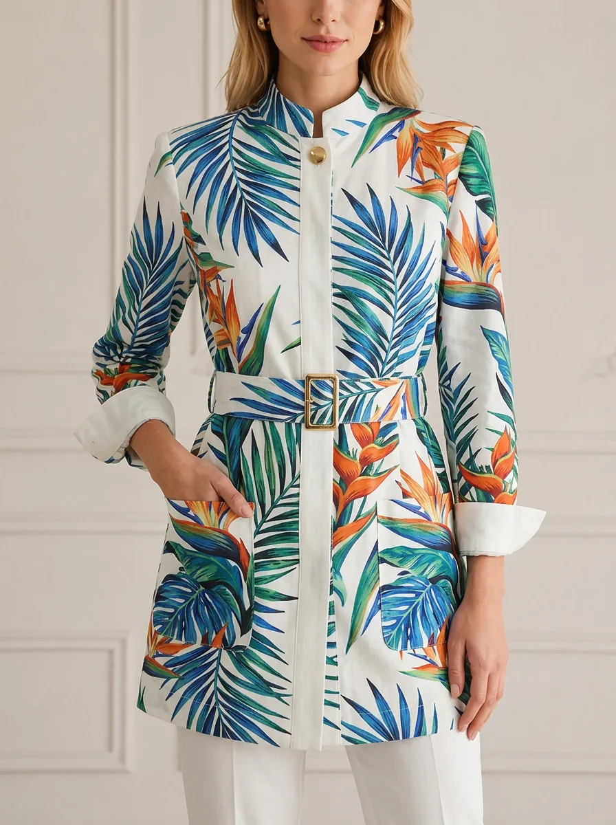 Women's Tropical Vacation Bird of Paradise Printed Belted Jacket