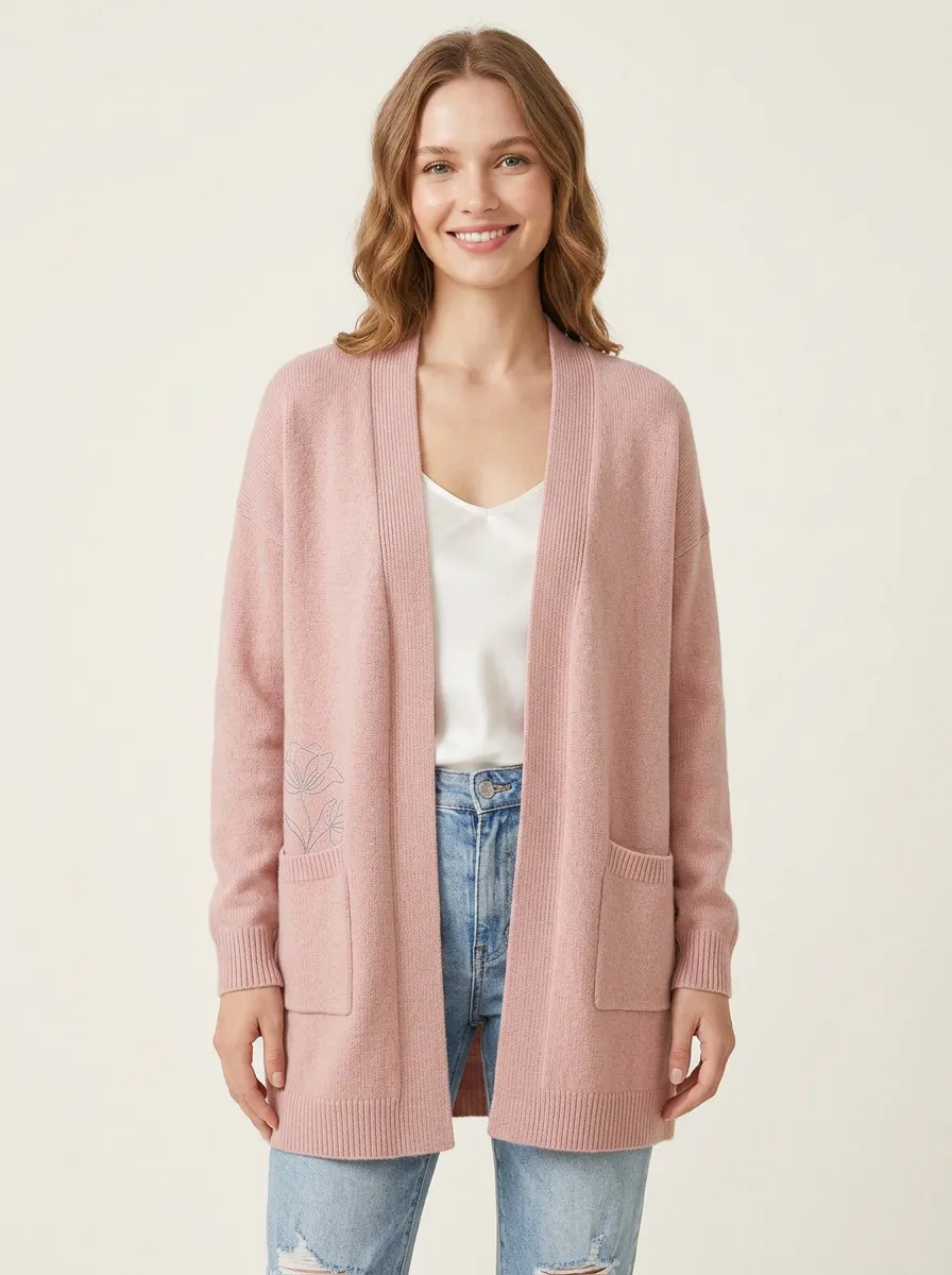 Pink Floral Minimalist Line Art Print Cardigan