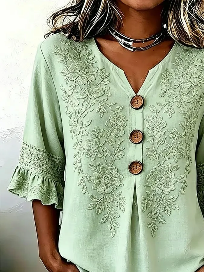 Women's Casual V-Neck Printed Cotton-Linen Top