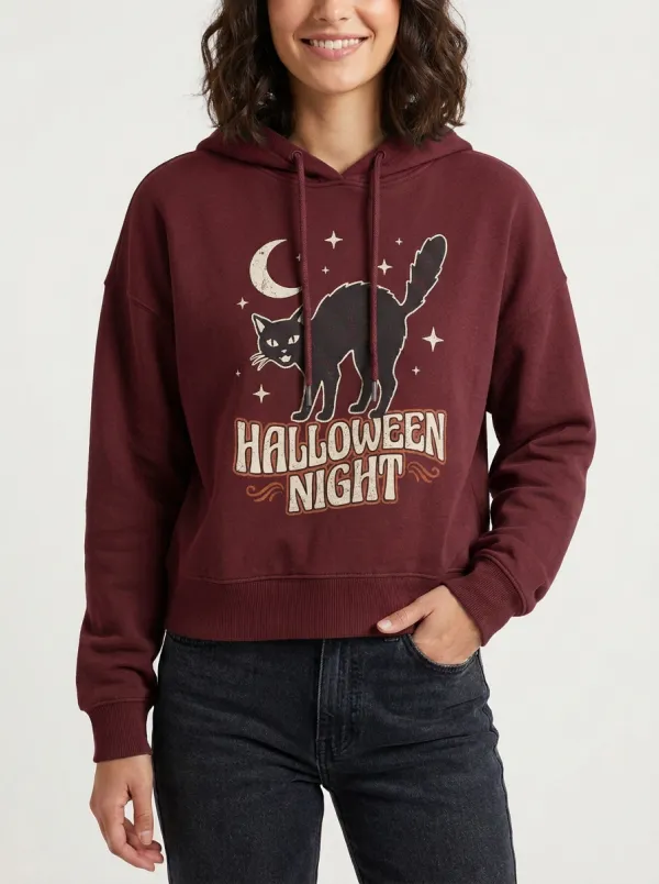 Women's Halloween Night Black Cat Moon Stars Printed Hoodie