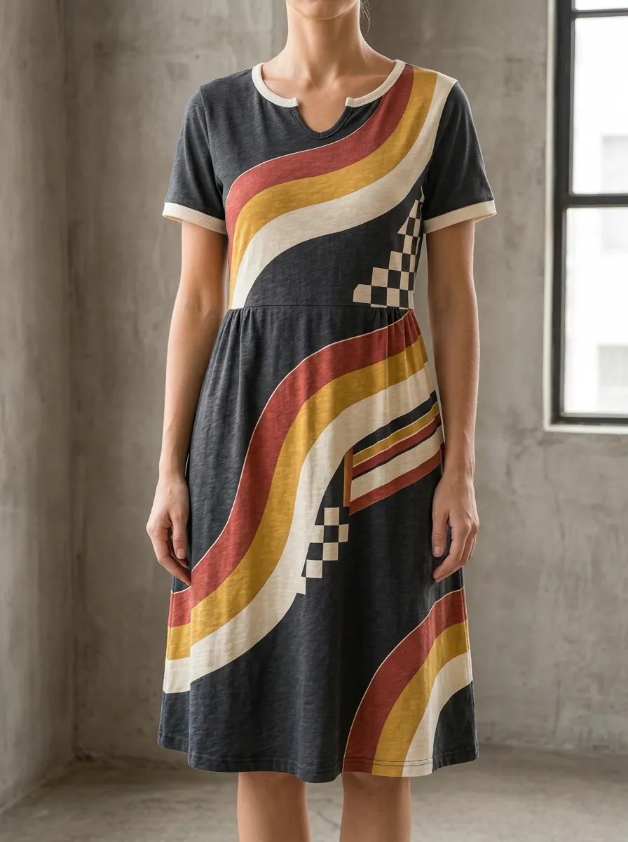 Women's Retro 70s Style Checkerboard Wave Printed Dress