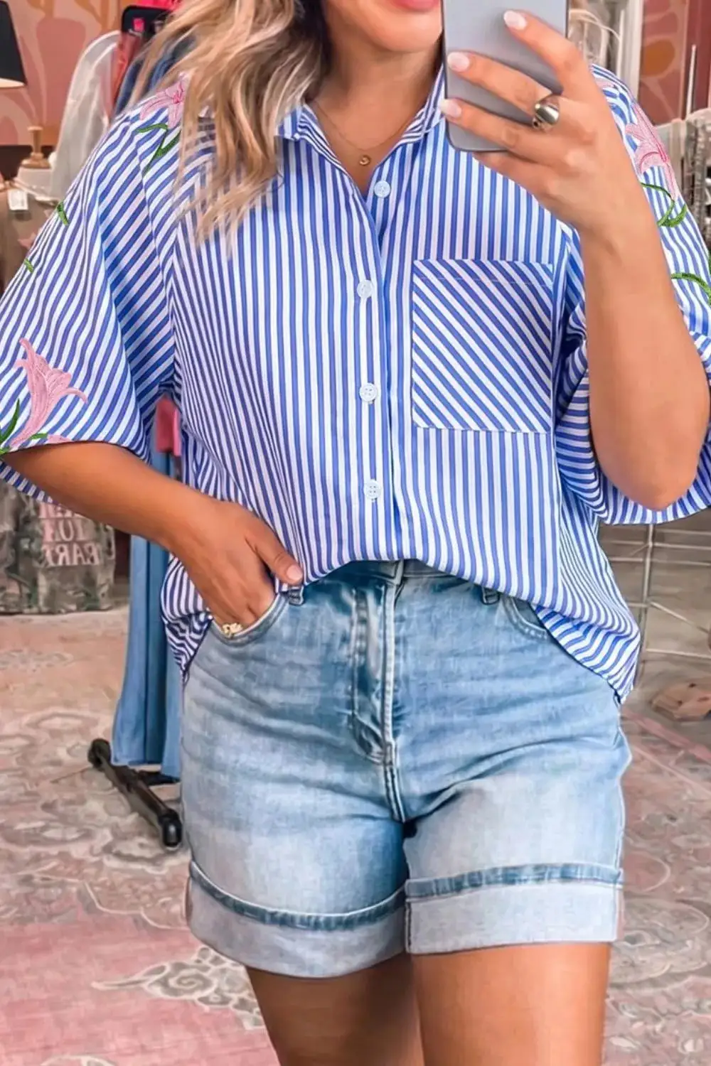 Striped Floral Embroidered Puff Sleeve Button Down