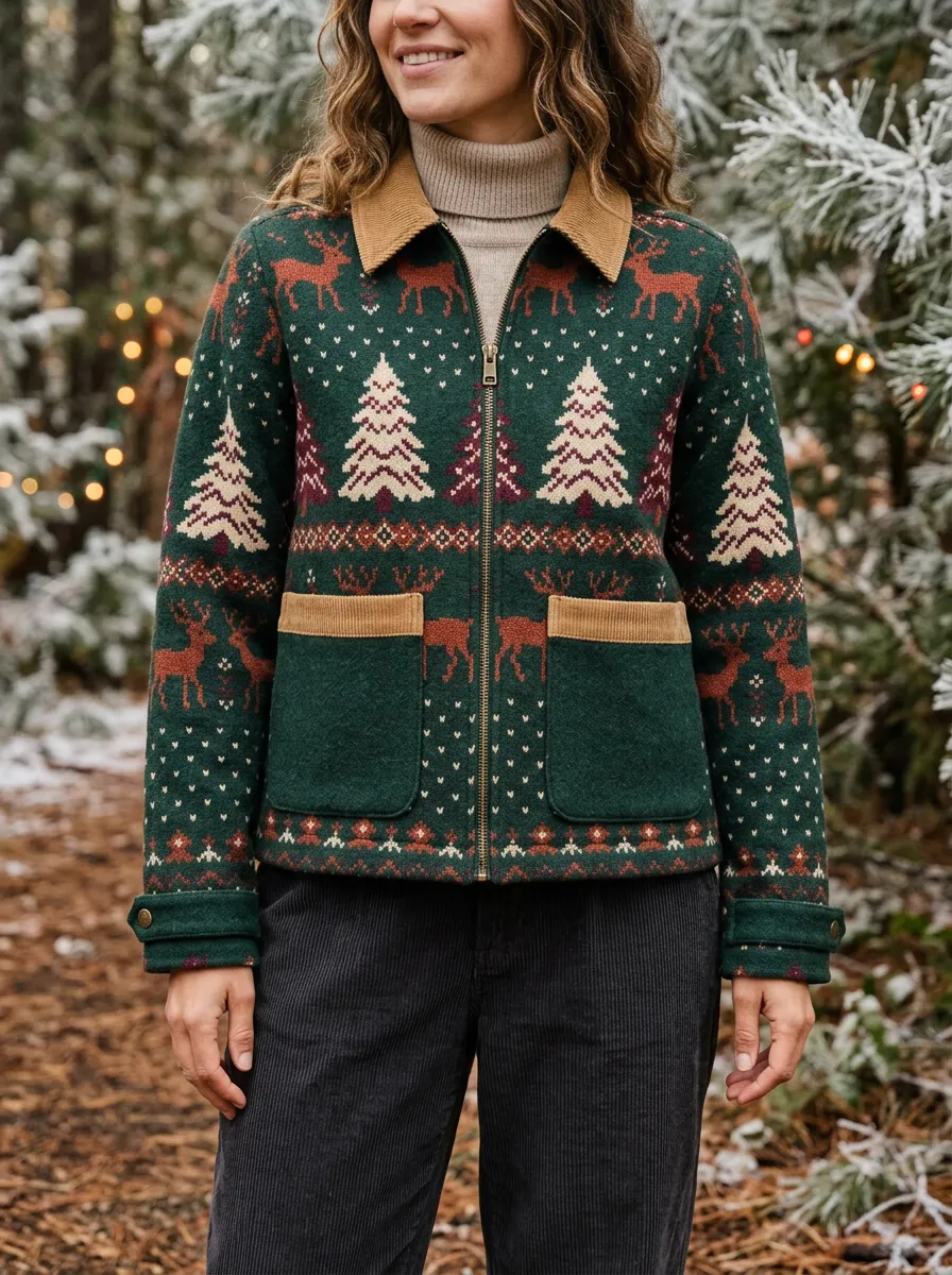 Christmas Reindeer & Pine Tree Print Zip-up Jacket