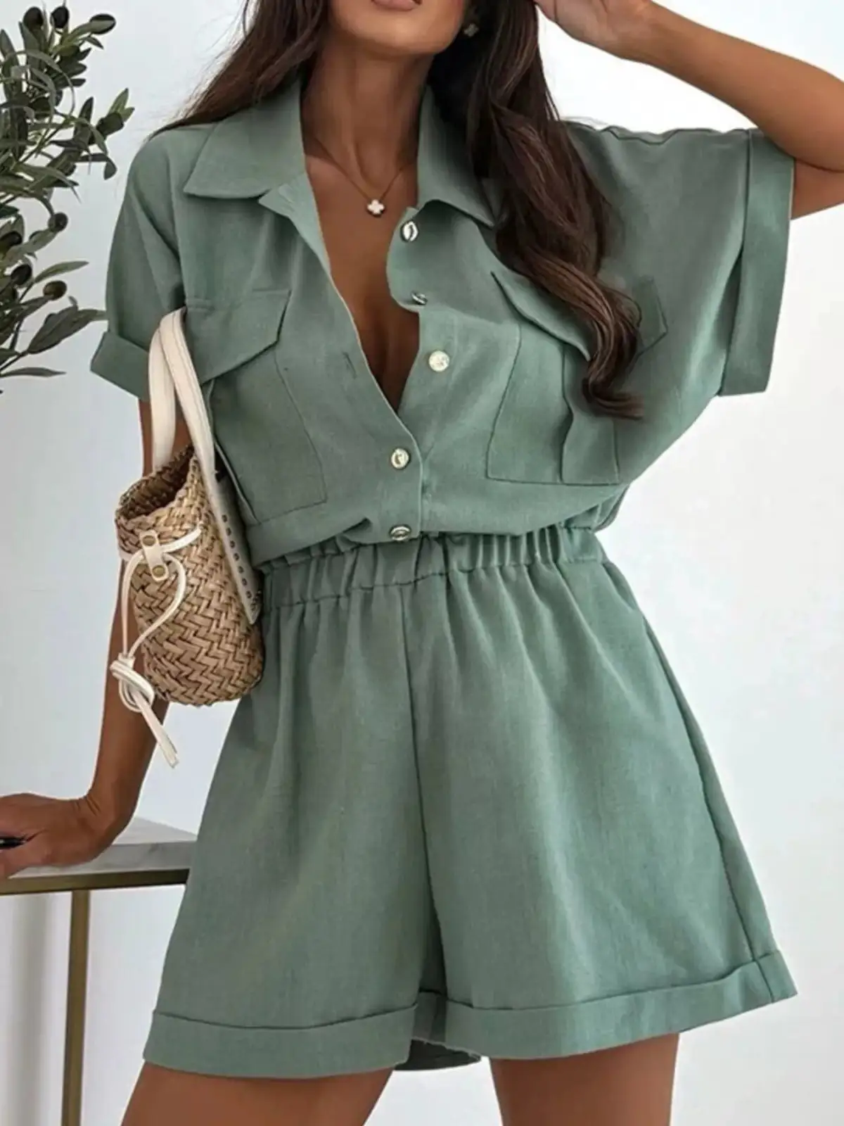 Button-Front Pocketed Shirt and Shorts Matching Set