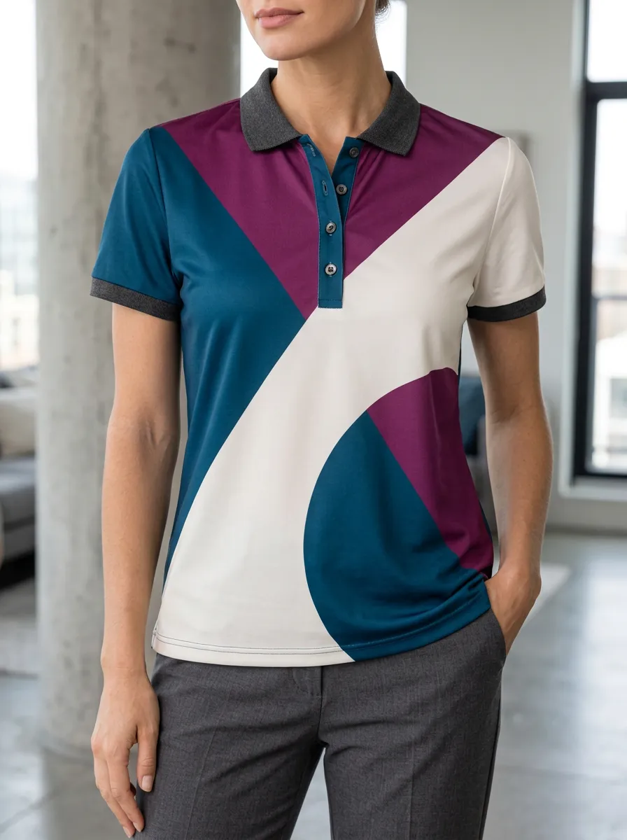Women's Casual Geometric Colorblock Abstract Polo Shirt