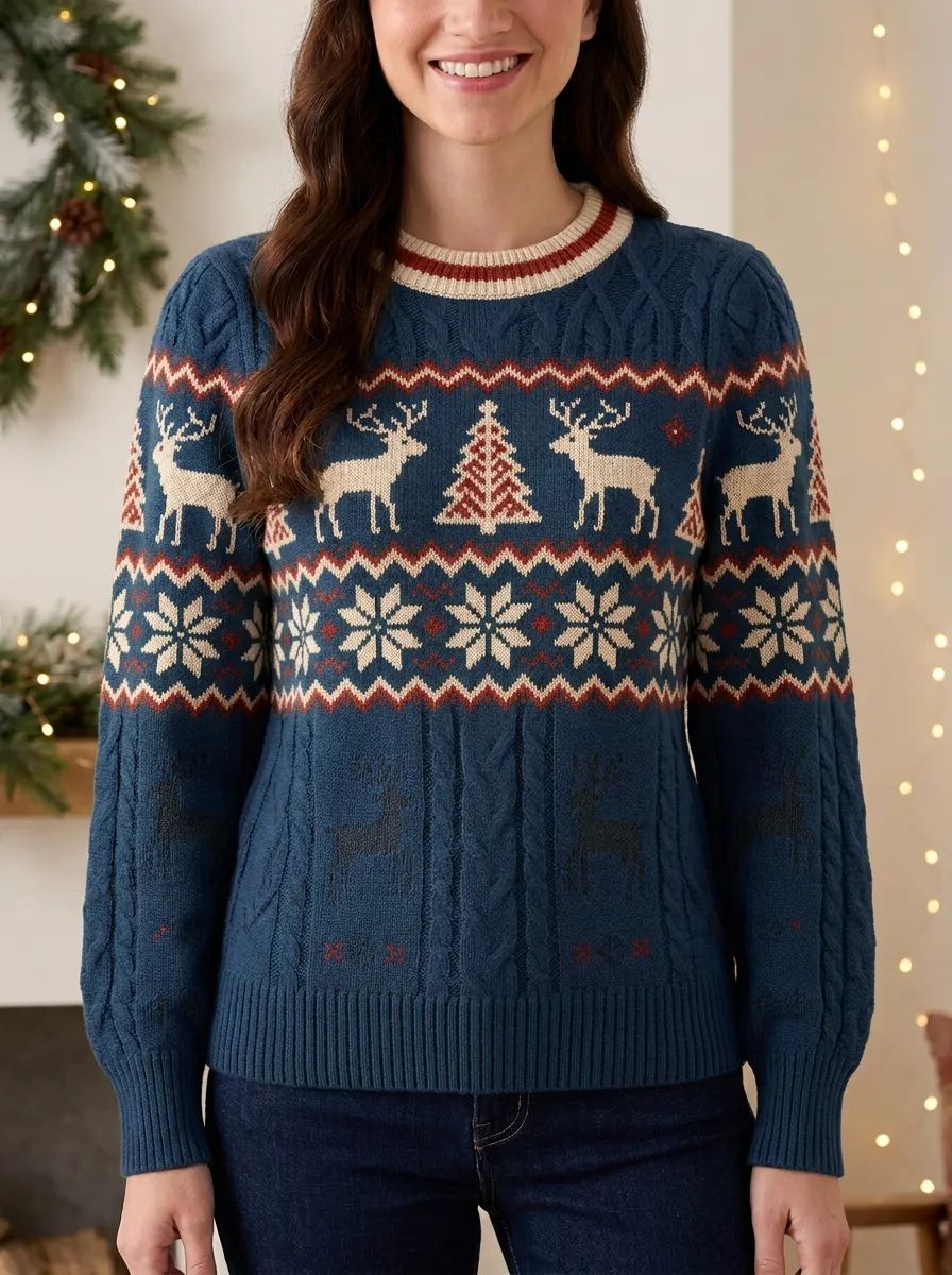Festive Christmas Reindeer Snowflake Pattern Knitted Sweater