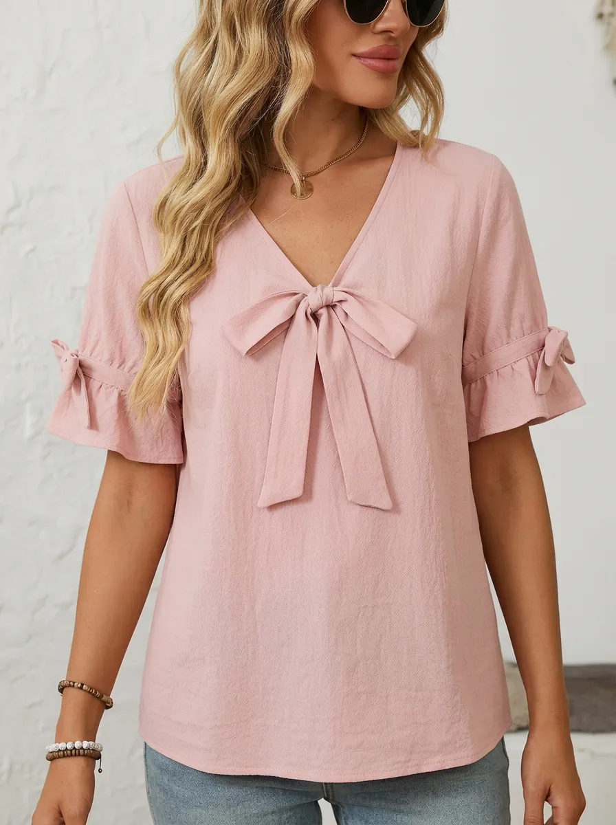 Women's V-neck Bow-detail Ruffle Sleeve Blouse