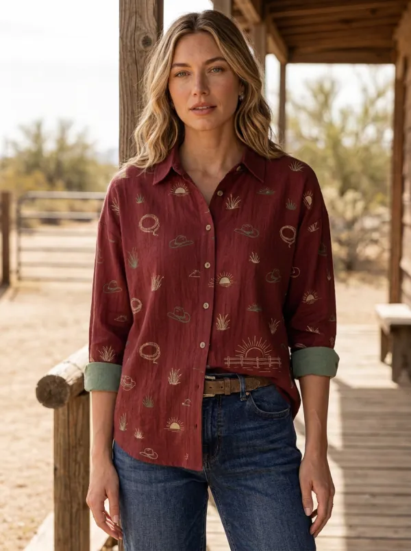 Women's Western Cowboy Lasso Desert Sunset Printed Cotton Linen Shirt