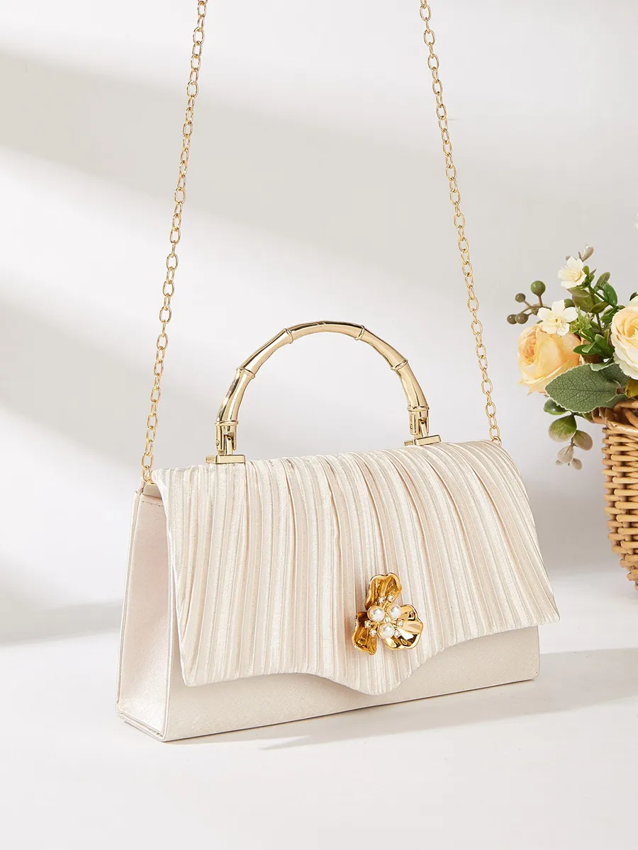 Emery Pleated Pearl Flower Chain Bag