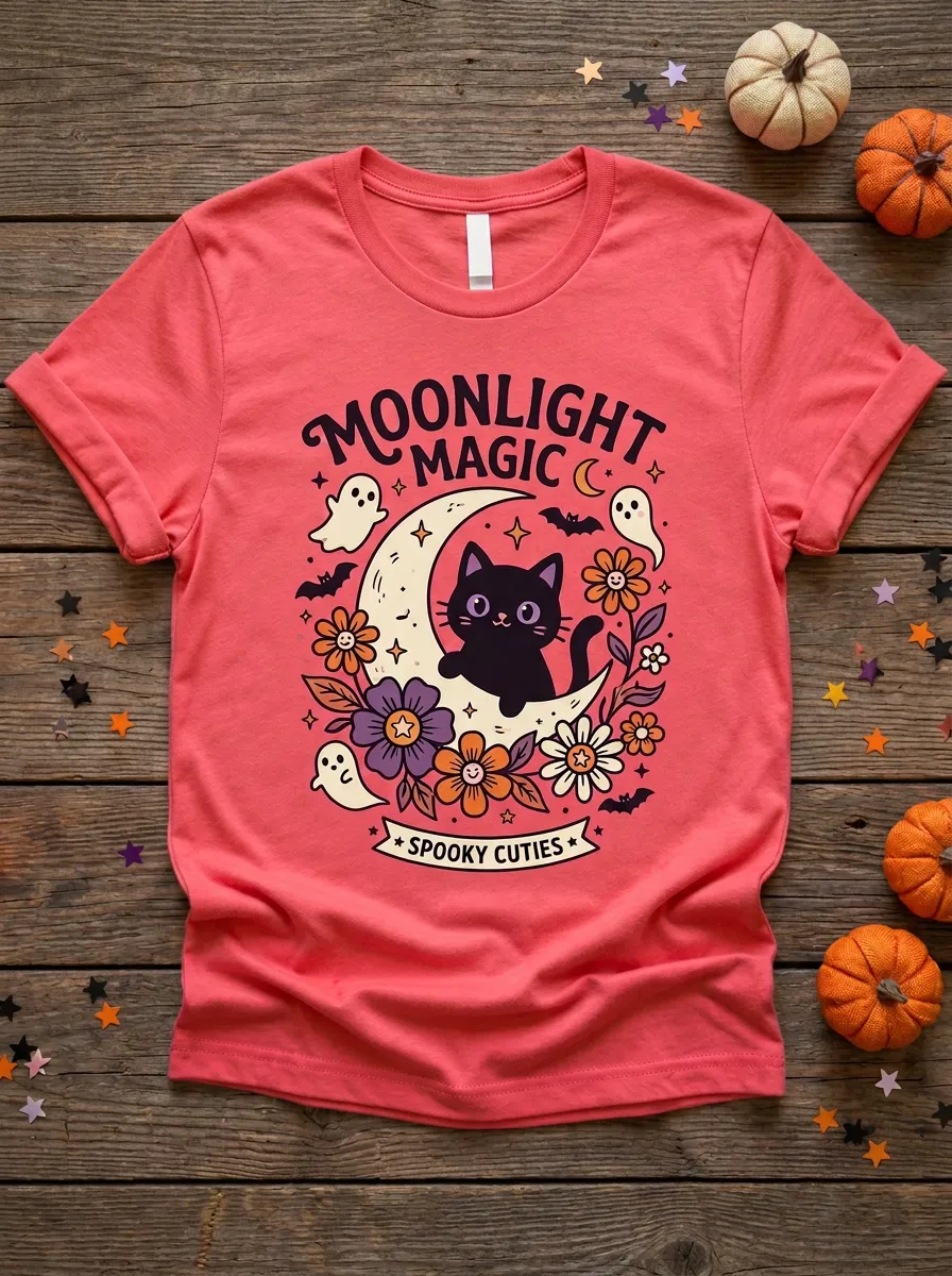 Ghost Cat Magic Halloween Graphic T-Shirt