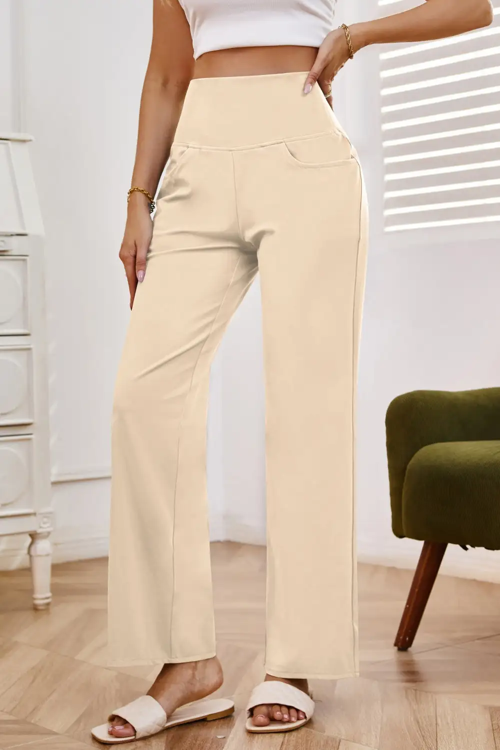 Relaxed High Waist Wide Leg Pants With Pocket