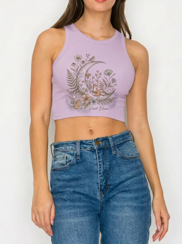 Women's Nature Lover Moon Fox Floral Printed Crop Top