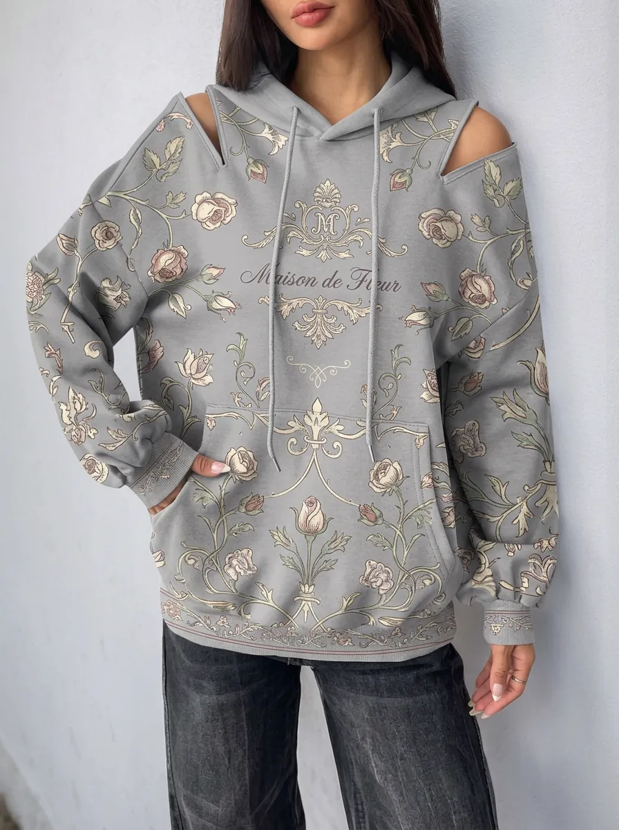 Women's Vintage Floral Maison de Fleur Printed Cold Shoulder Hoodie