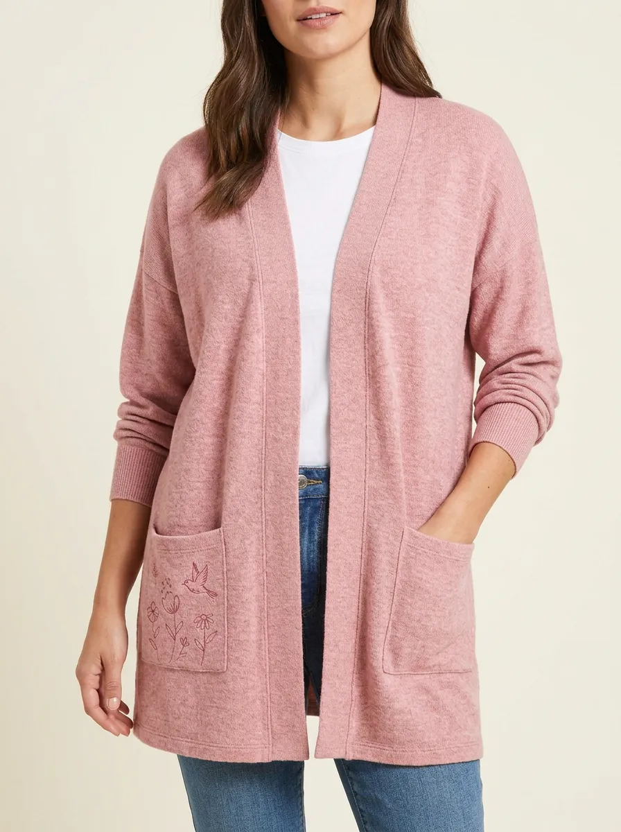 Pink Casual Bird Floral Embroidered Cardigan
