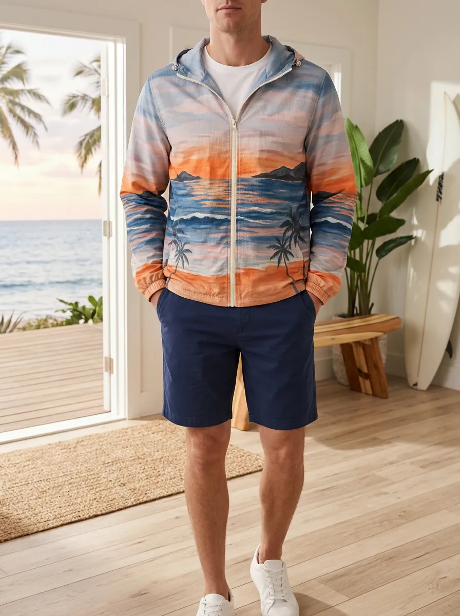 Men's Tropical Beach Sunset Palm Tree Rugged Trail Jacket