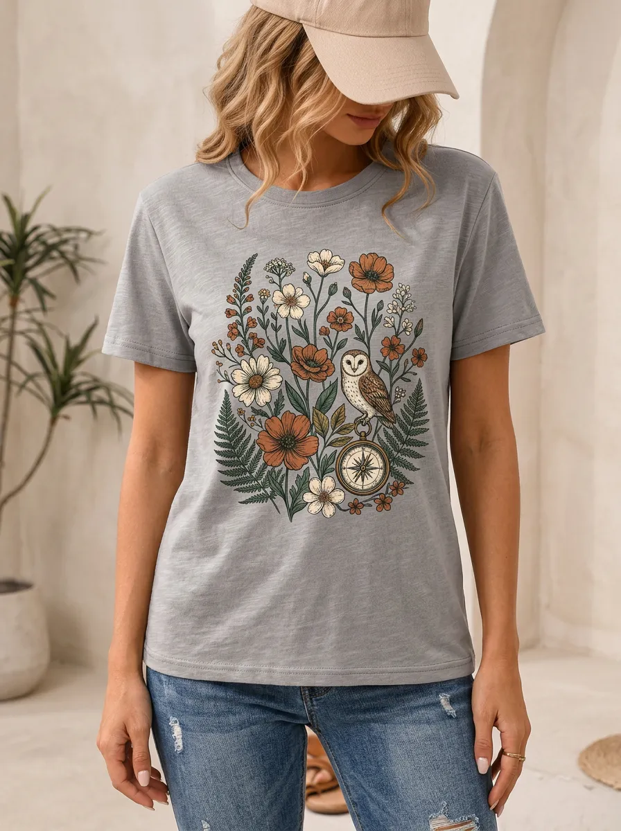 Women's Owl Floral Compass Printed T-Shirt