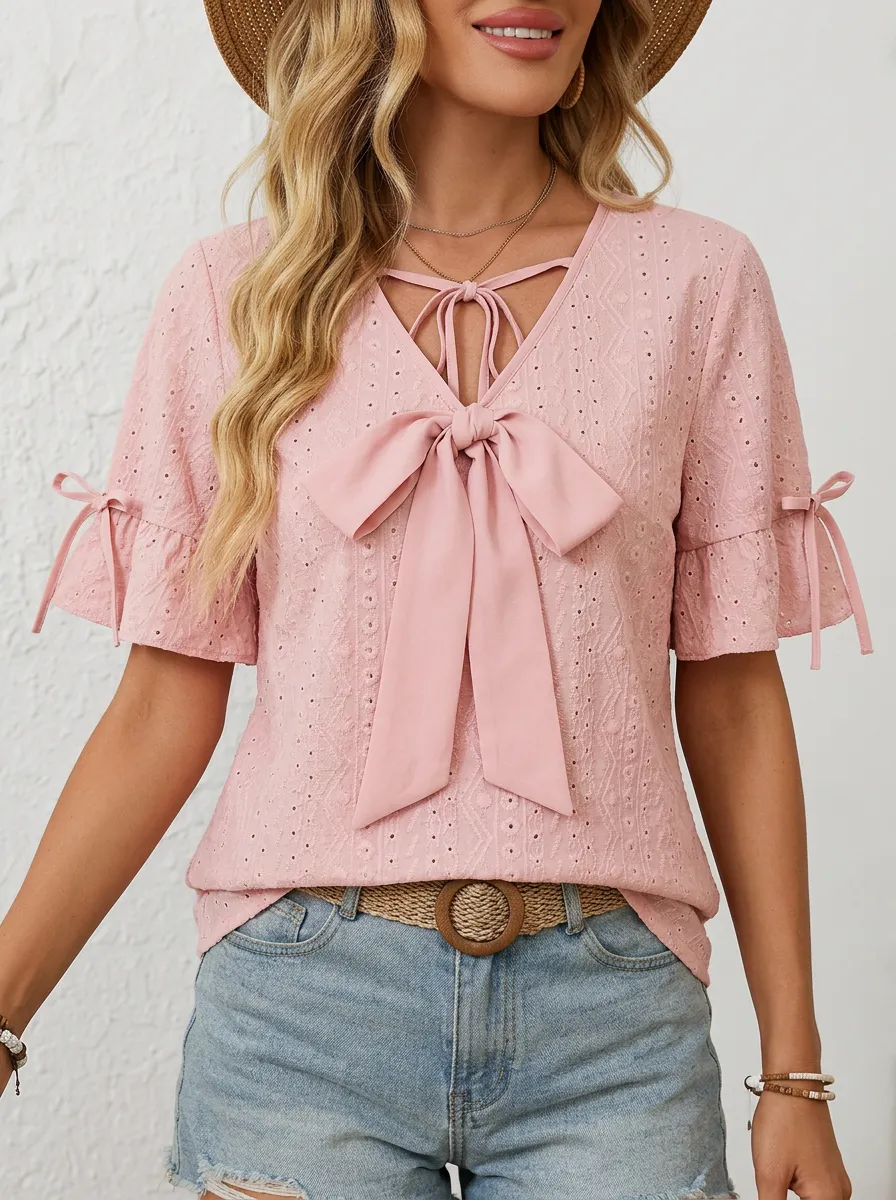 Women's Pink Bow Tie Eyelet Lace Up Short Sleeve Top