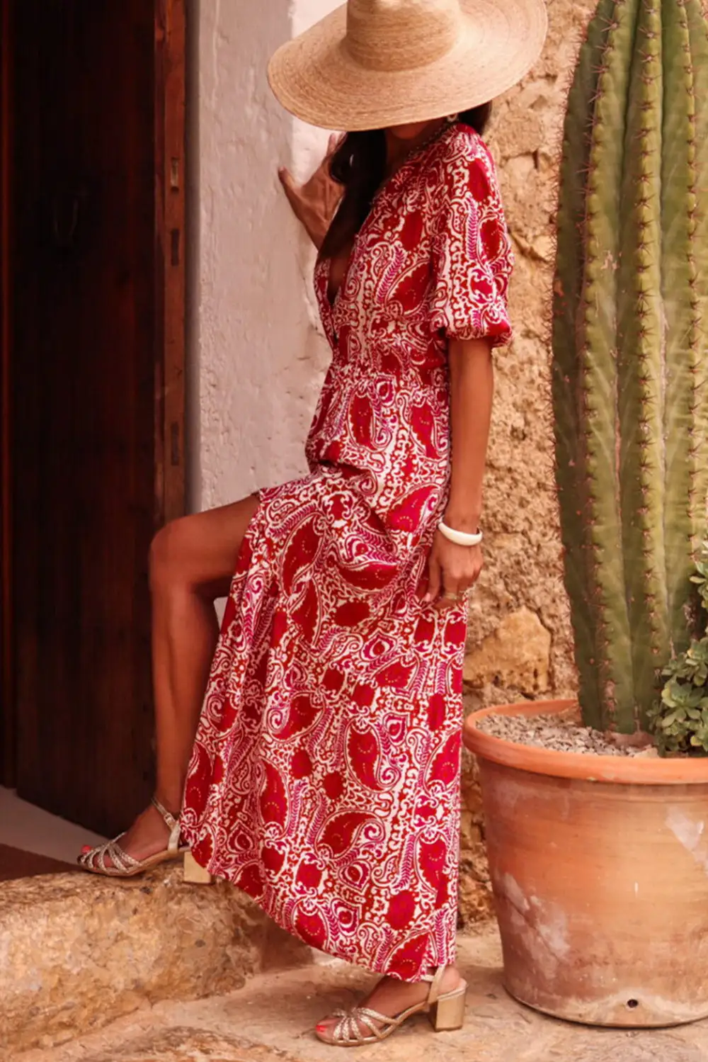 Paisley Print Side Slit Puff Sleeve High Waist Maxi