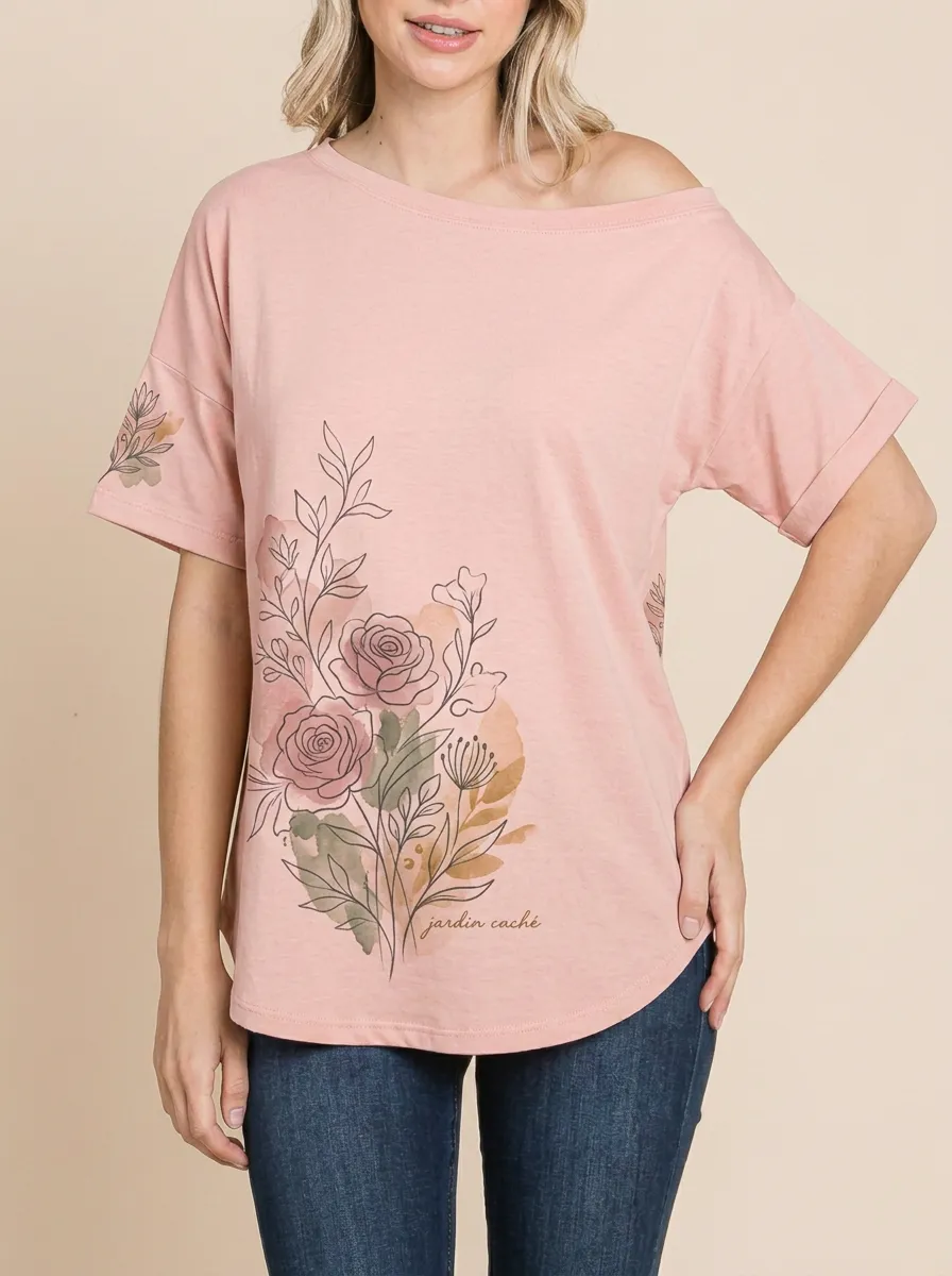 Women's Floral Lover Watercolor Rose Jardin Caché Printed T-shirt