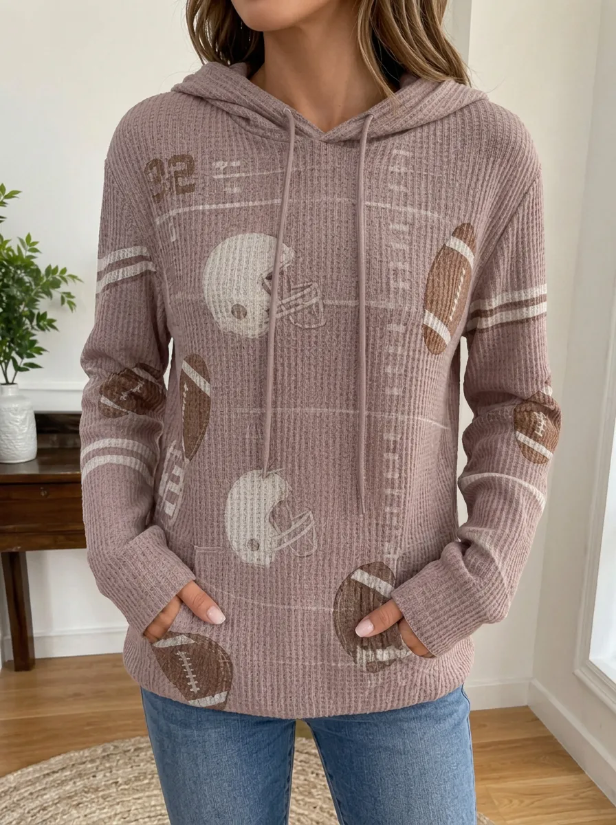 Women's Gridiron Football Fan Helmet Ball Pattern Printed Waffle Hoodie