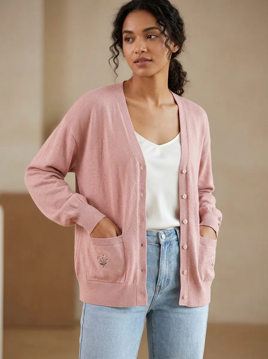 Women's Floral Embroidery Pink V-Neck Buttoned Casual Cardigan